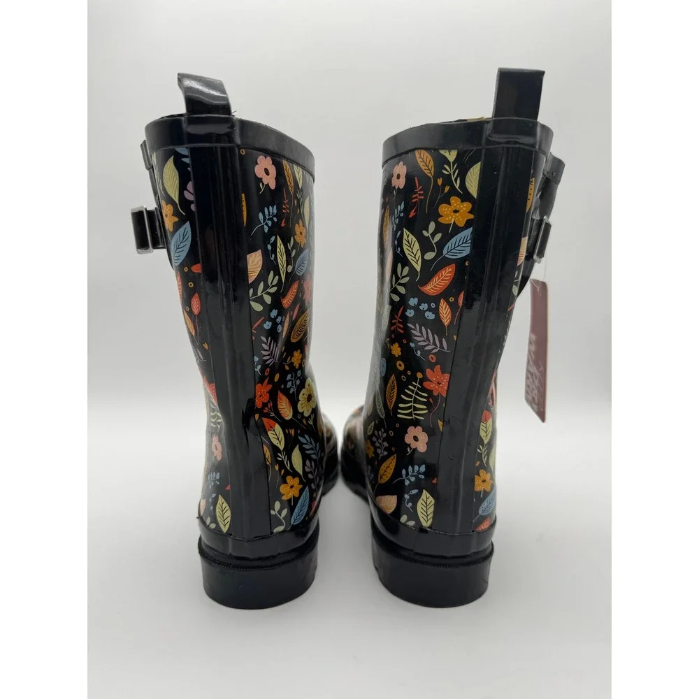 Womens Rain Boots Floral Print Black Waterproof Mid Calf Size 10‎